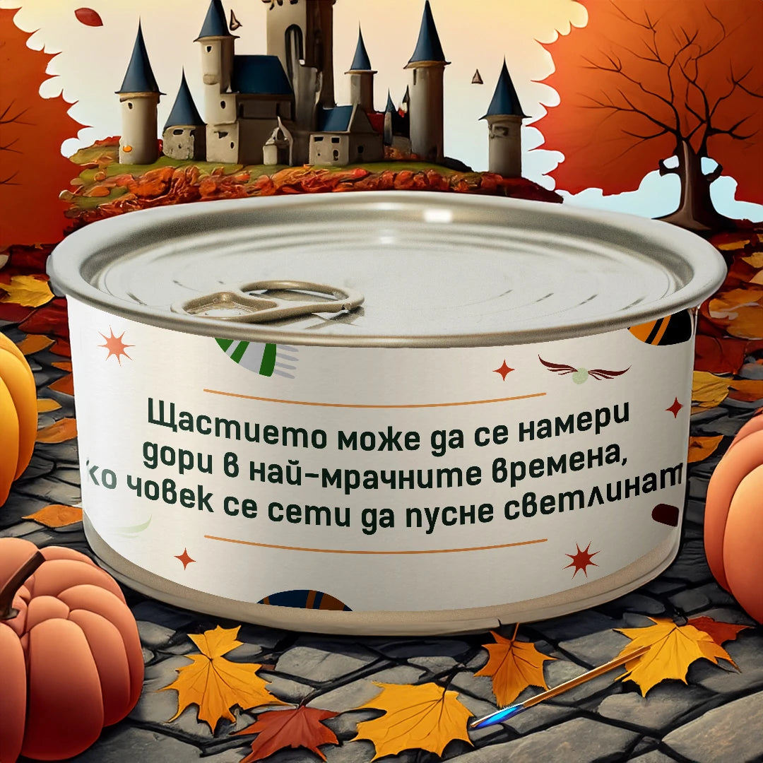 Свещ в консерва с цитат на Дъмбълдор и елементи напомнящи за Хари Потър